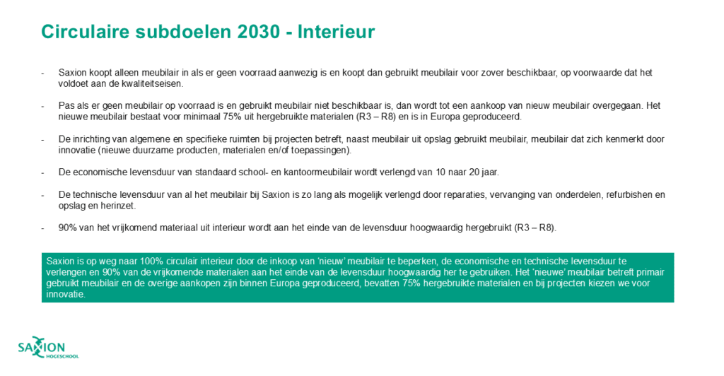 Hogeschool Saxion Circulaire subdoel Interieur | duurzaamheidskring