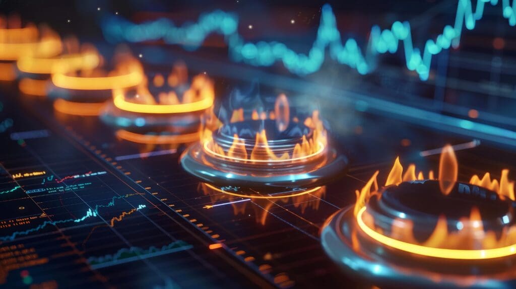 Digitale illustratie van gloeiende gasbranders op een donkere ondergrond bezaaid met financiële grafieken en koersdata, ter illustratie van de relatie tussen energieprijzen en internationale marktspanningen.